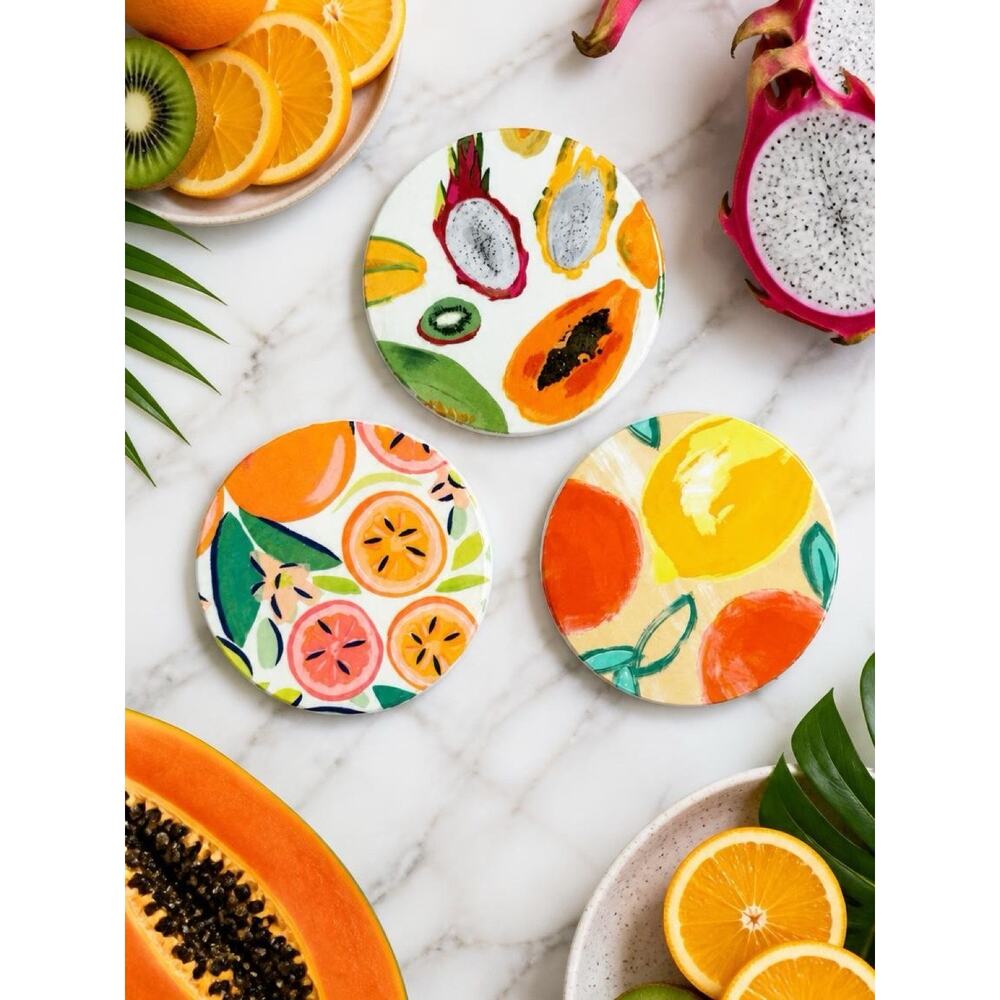 Tropical Fruit Coasters | Colorful Round Wood Coaster Set of 3 - Picture 3 of 3